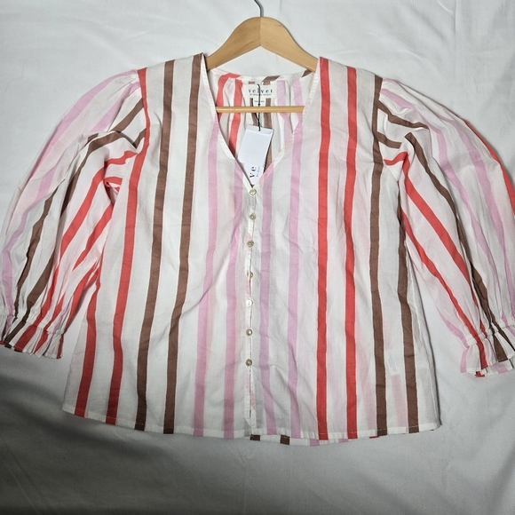 Velvet By Graham & Spencer Striped V-Neck Blouse - Pink, Brown, White, NWT - Picture 3 of 12